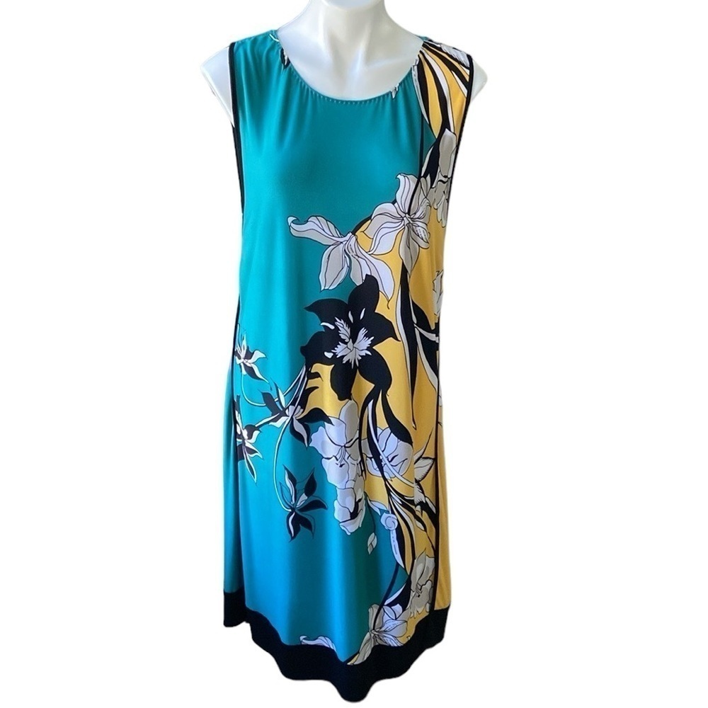 Tahari Sleeveless Teal Floral Art Deco Midi Dress Stretchy Retro Plus Size - Picture 1 of 10